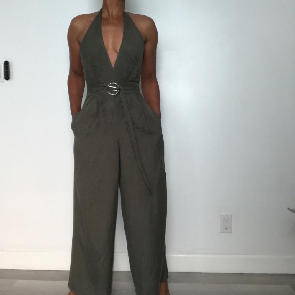 ADAM LIPPES GREEN JUMPSUIT LINEN WIDE LEG HALTER BELTED TAILORED PLATSUIT 0